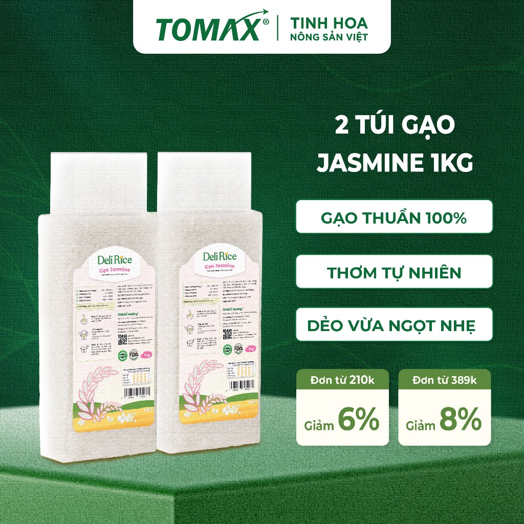 [ĐÃ VỀ HÀNG] Combo 2 Túi Gạo Jasmine Deli Rice 1kg Dẻo Mềm, Tơi Xốp, Ngọt Thơm Tự Nhiên - TOMAX