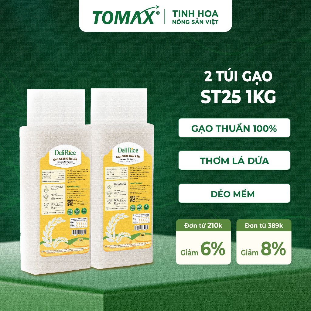 Combo 2 Túi Gạo ST25 Deli Rice 1kg Thượng Hạng, Dẻo Thơm Tự Nhiên, Vị Ngon Hòa Quyện - TOMAX