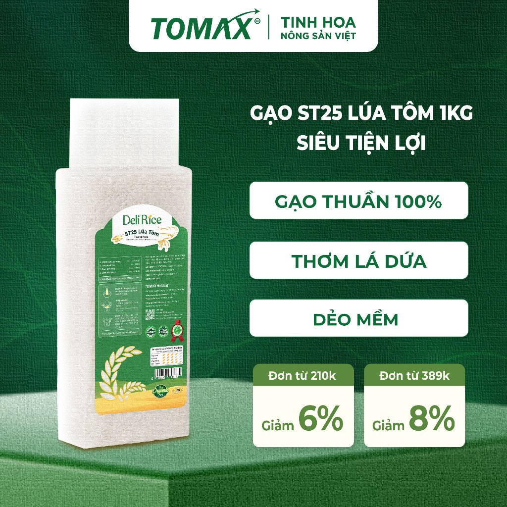 Gạo ST25 Lúa Tôm Hữu Cơ Deli Rice Túi 1kg – Dẻo Ngon Tự Nhiên, Thơm Ngọt Đậm Vị, Không Pha Trộn