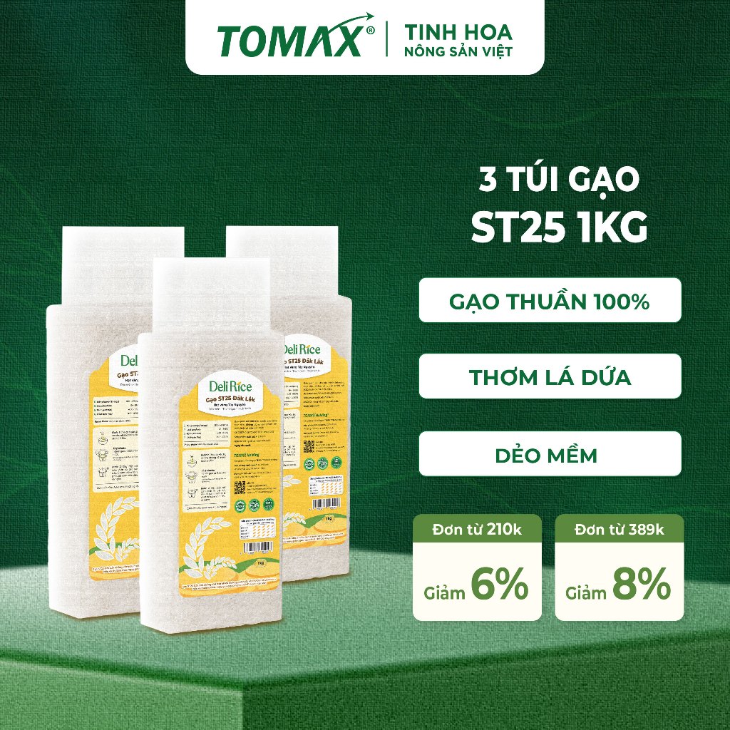 Combo 3 Túi Gạo ST25 Deli Rice 1kg Thượng Hạng, Dẻo Thơm Tự Nhiên, Vị Ngon Hòa Quyện - TOMAX