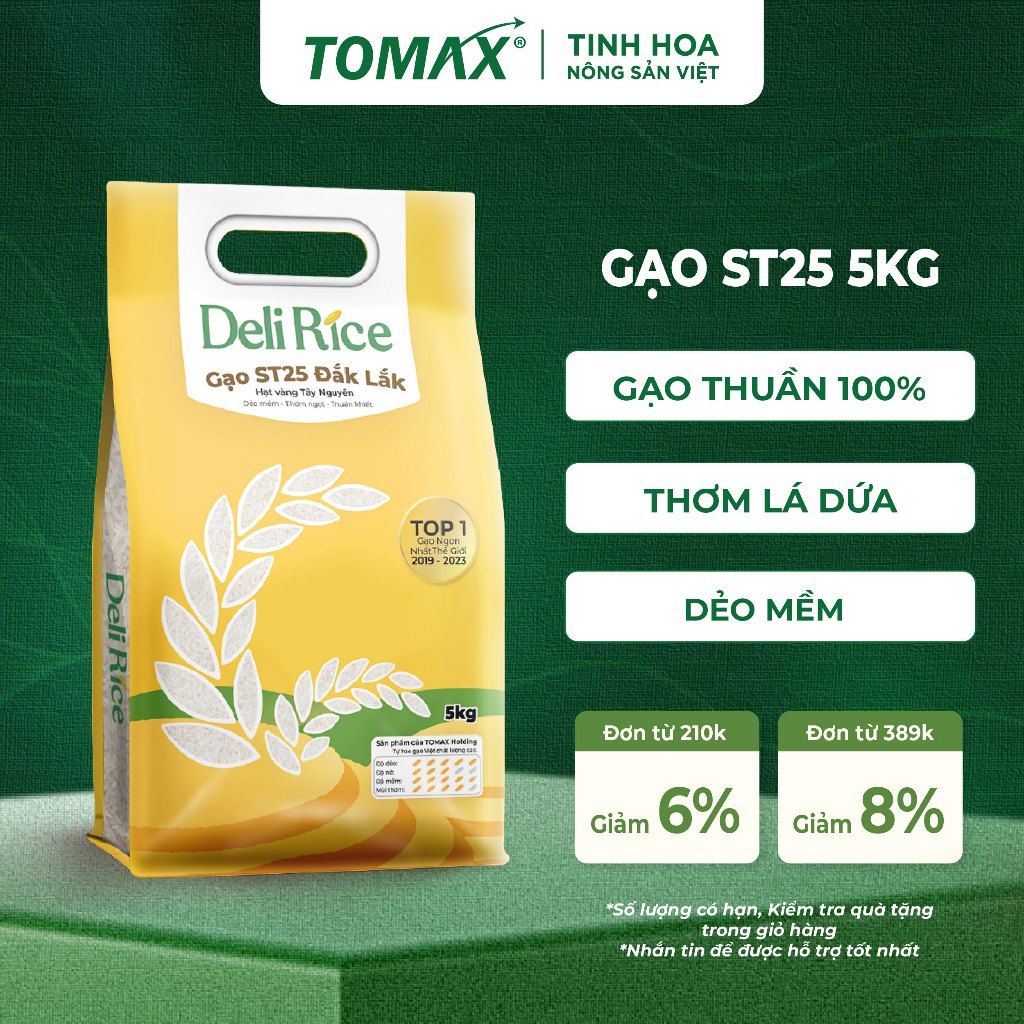 Gạo ST25 Deli Rice Túi 1kg & 5kg Thượng Hạng, Dẻo Thơm Tự Nhiên, Vị Ngon Hòa Quyện - TOMAX