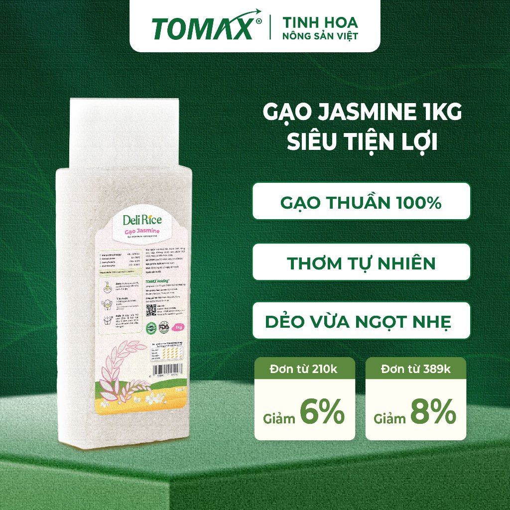 [ĐÃ VỀ HÀNG] Gạo Jasmine Deli Rice 1kg Dẻo Mềm, Tơi Xốp, Ngọt Thơm Tự Nhiên - TOMAX