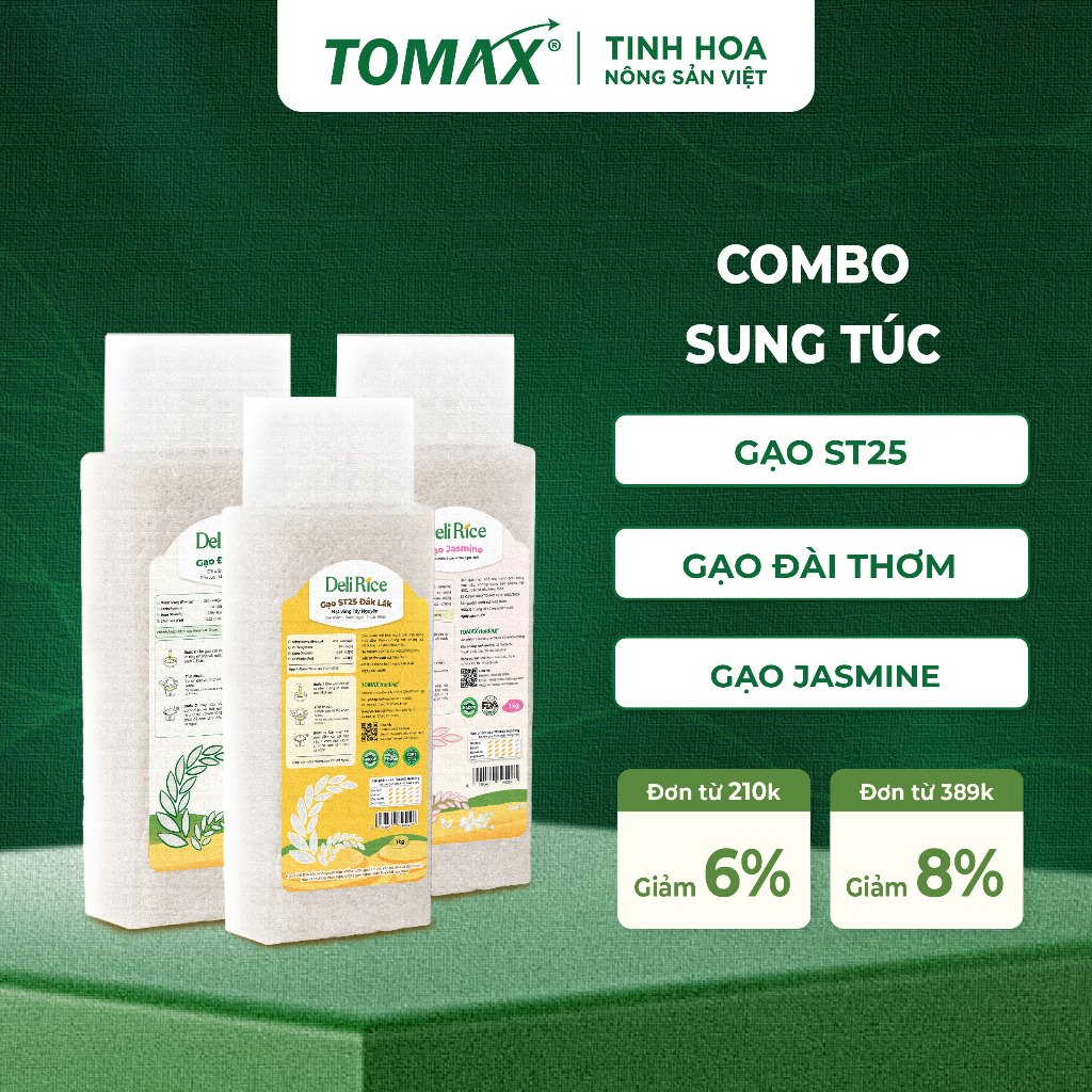 Sung Túc (1kg ST25 + 1kg Jasmine + 1kg Đài Thơm Deli Rice) Gạo Ngon Dẻo, Thơm Nhẹ - TOMAX