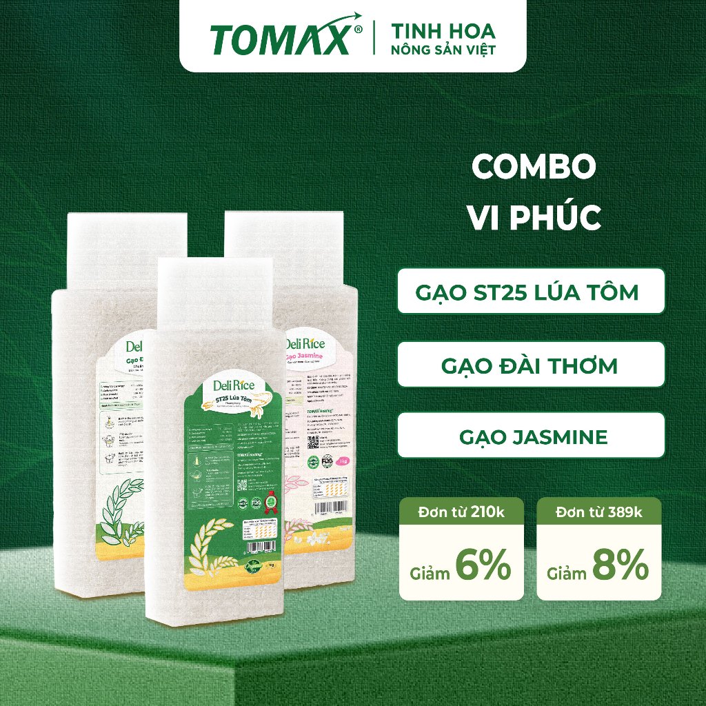 Vi Phúc (1kg Jasmine + 1kg Lúa Tôm + 1kg Đài Thơm Deli Rice) Gạo Ngon Dẻo, Thơm Nhẹ – TOMAX