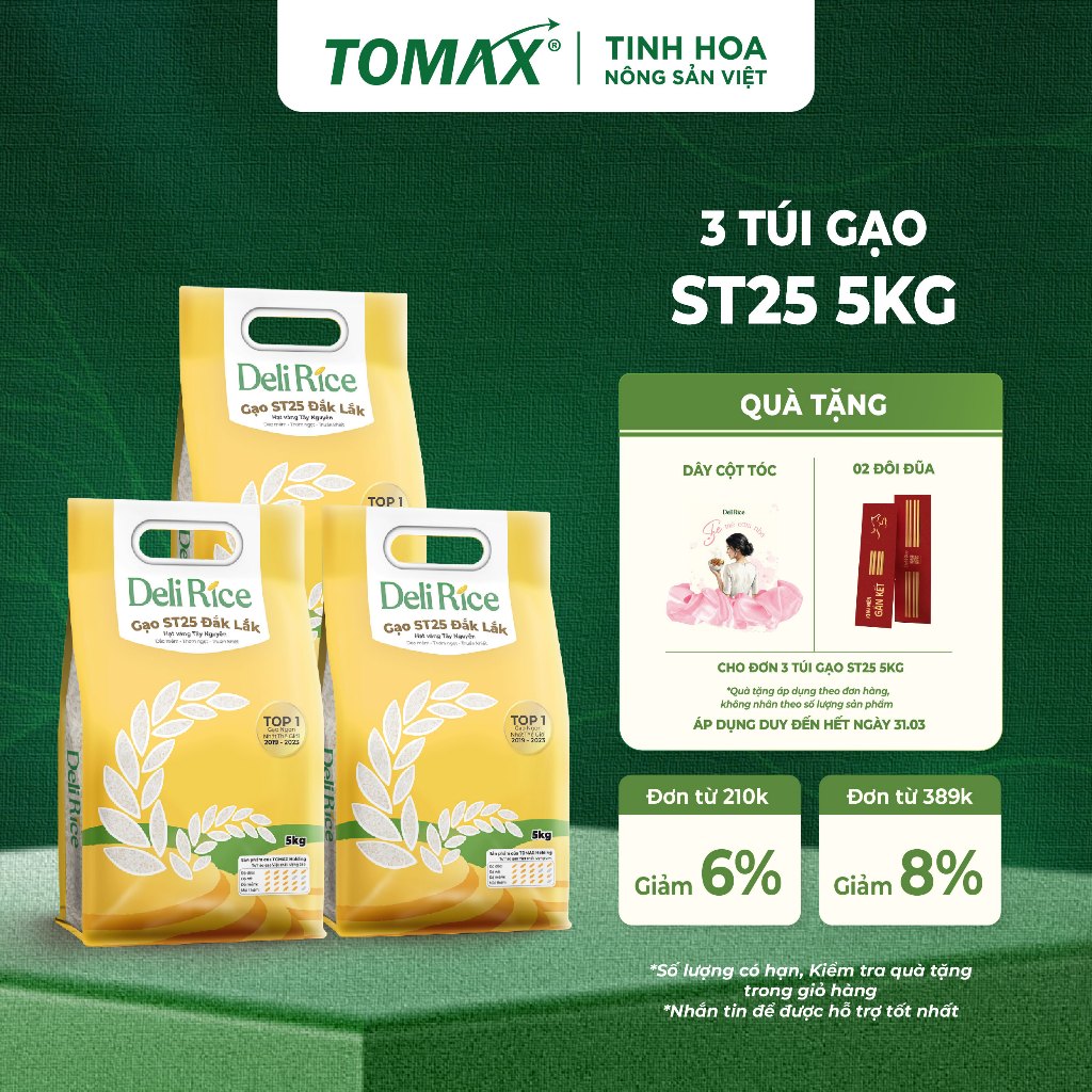 Combo 3 Túi Gạo ST25 Deli Rice 5kg Thượng Hạng, Dẻo Thơm Tự Nhiên, Vị Ngon Hòa Quyện - TOMAX