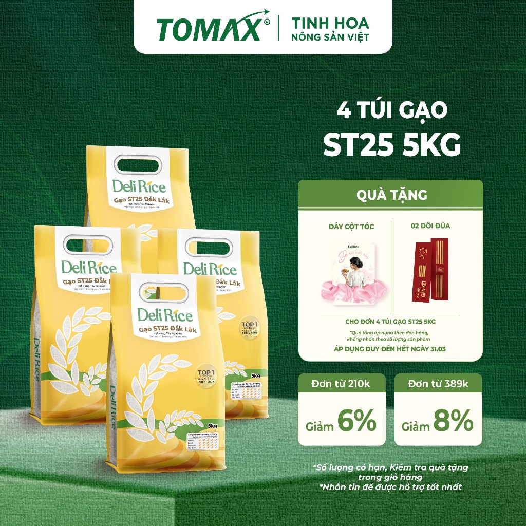 Combo 4 Túi Gạo ST25 Deli Rice 5kg Thượng Hạng, Dẻo Thơm Tự Nhiên, Vị Ngon Hòa Quyện - TOMAX