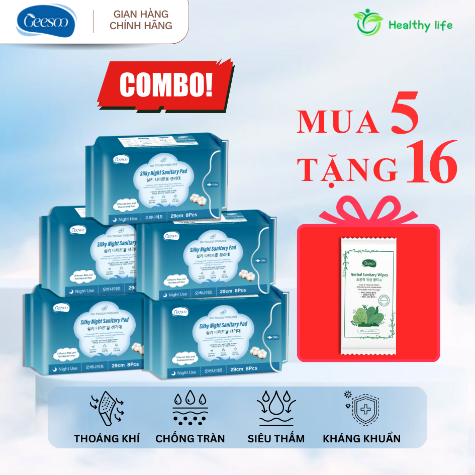 [Geesoo] Băng vệ sinh ban đêm 29cm (8 miếng) | Siêu thấm hút – Chống tràn – Cánh 3D – Khử mùi