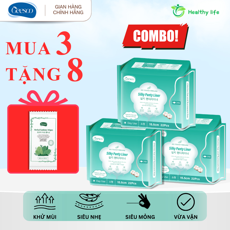 Combo 2/3/5 Gói Băng vệ sinh hằng ngày Geesoo 155mm 22 miếng | Siêu mỏng thoáng khí – Thấm hút tốt –