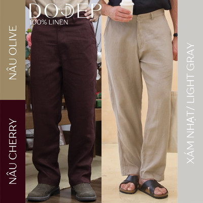 DODEP Quần dài nam linen 100% Relaxed Fit lưng thun