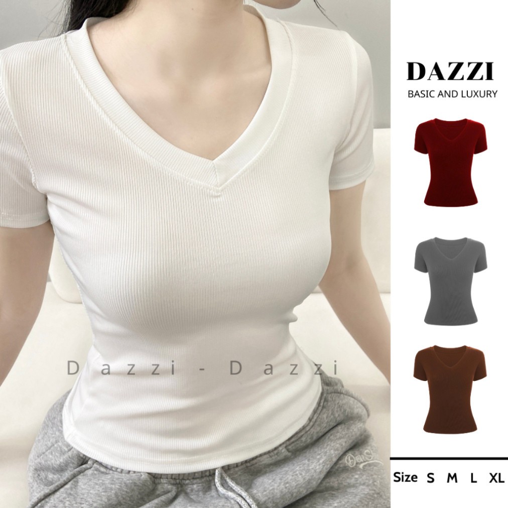 (Mẫu Mới) Áo thun nữ cổ tim vải gân tăm DAZZI BRAND,áo thun babytee tôn dáng ôm body chiết eo co dãn