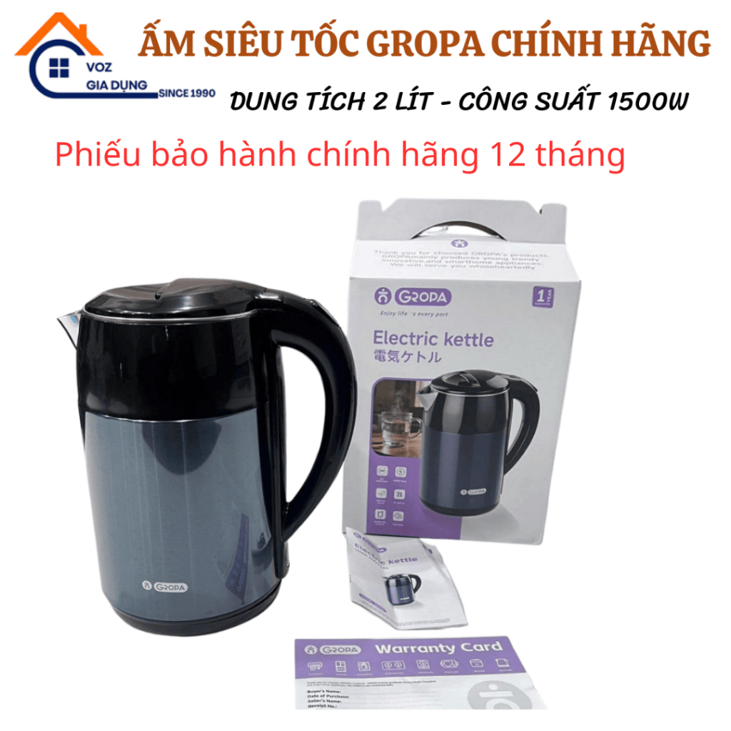 Ấm Siêu Tốc GROPA chính hãng dung tích 2L, công suất 1500W, 2 lớp cách nhiệt BH 12 tháng