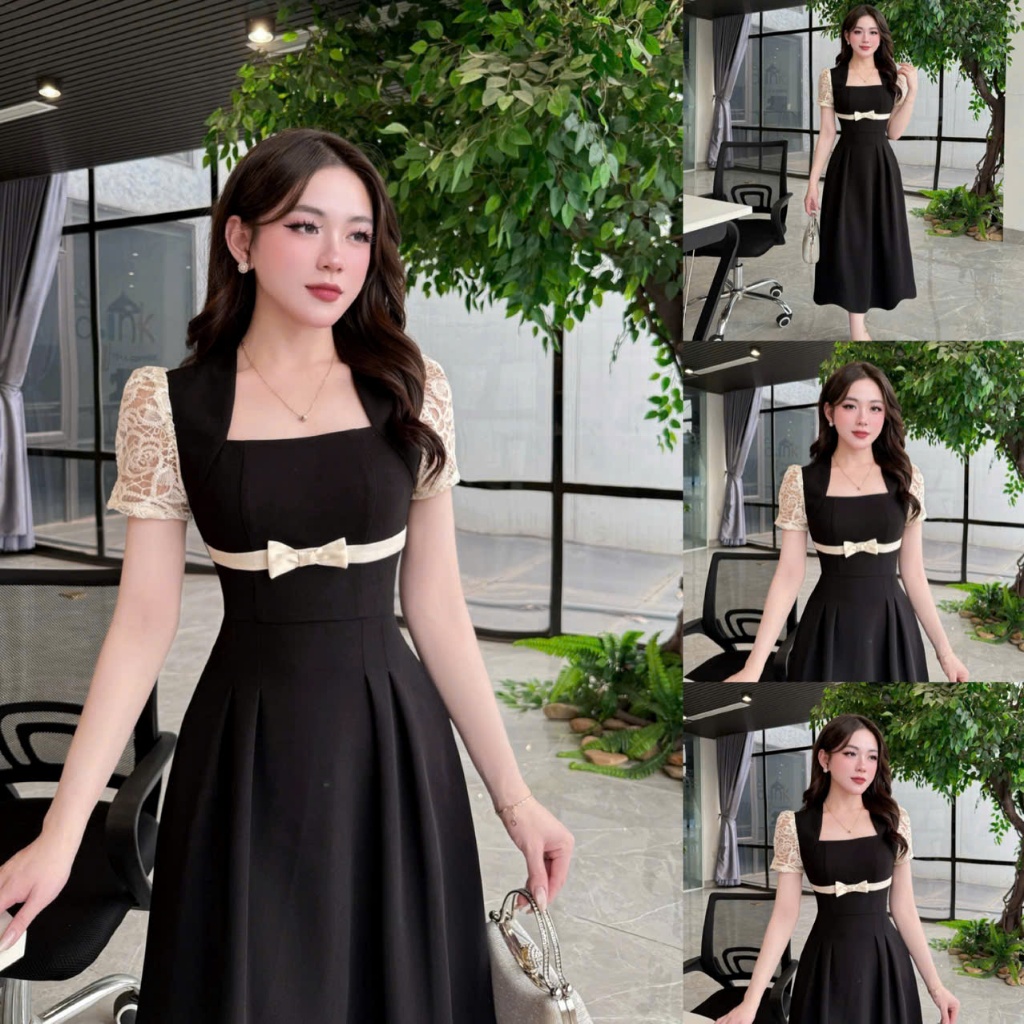 VK236 - Váy Thiết Kế Evii dành cho nữ, Đầm thiết kế cổ vuông phối ren, nơ liền dáng A xòe dài