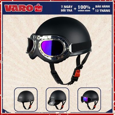 Mũ Bảo Hiểm Nửa Đầu VARO Màu Đen Freesize Có Kính Phi Công, Kính UV Đi Xe Máy - Bảo Hành 12 Tháng