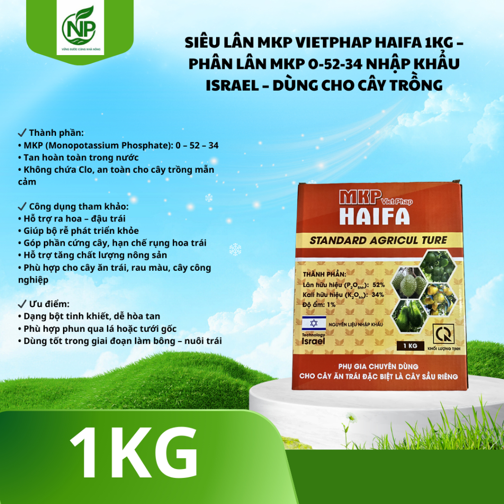 Siêu Lân MKP VietPhap Haifa 1kg – Phân Lân MKP 0-52-34 Nhập Khẩu Israel – Dùng Cho Cây Trồng