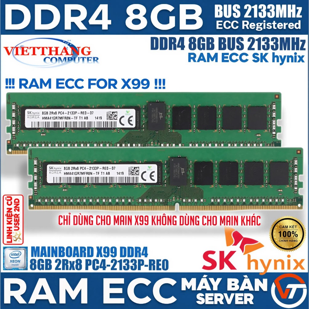 Ram Server ECC Registered - Ram ECC SK hynix DDR4 8GB 2Rx8 Bus 2133 cho X99 Chạy DDR4 ( Cũ - 2nd )