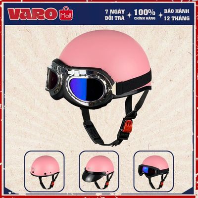 Mũ Bảo Hiểm 1/2 VARO Màu Hồng Dễ Thương Freesize Nam Nữ Kèm Kính Phi Công, Kính UV Đi Xe Máy