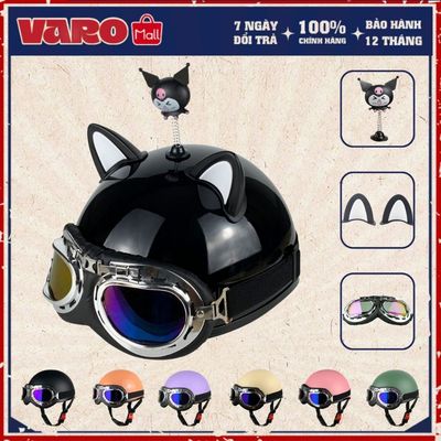 Mũ Bảo Hiểm VARO 1/2 Đen Bóng Kèm Kính PC + Tai Mèo + Kuromi Gắn Mũ