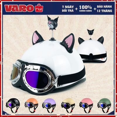 Mũ Bảo Hiểm Nửa Đầu Gắn Kính Phi Công Kèm Hoa Kuromi Và Tai Cáo - Nón Phi Công Cao Cấp Chính Hãng