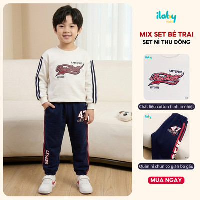 Set đồ thu đông bé trai ILABY áo nỉ dài tay và quần nỉ thu đông in họa tiết size 9-40kg [3439+3456]