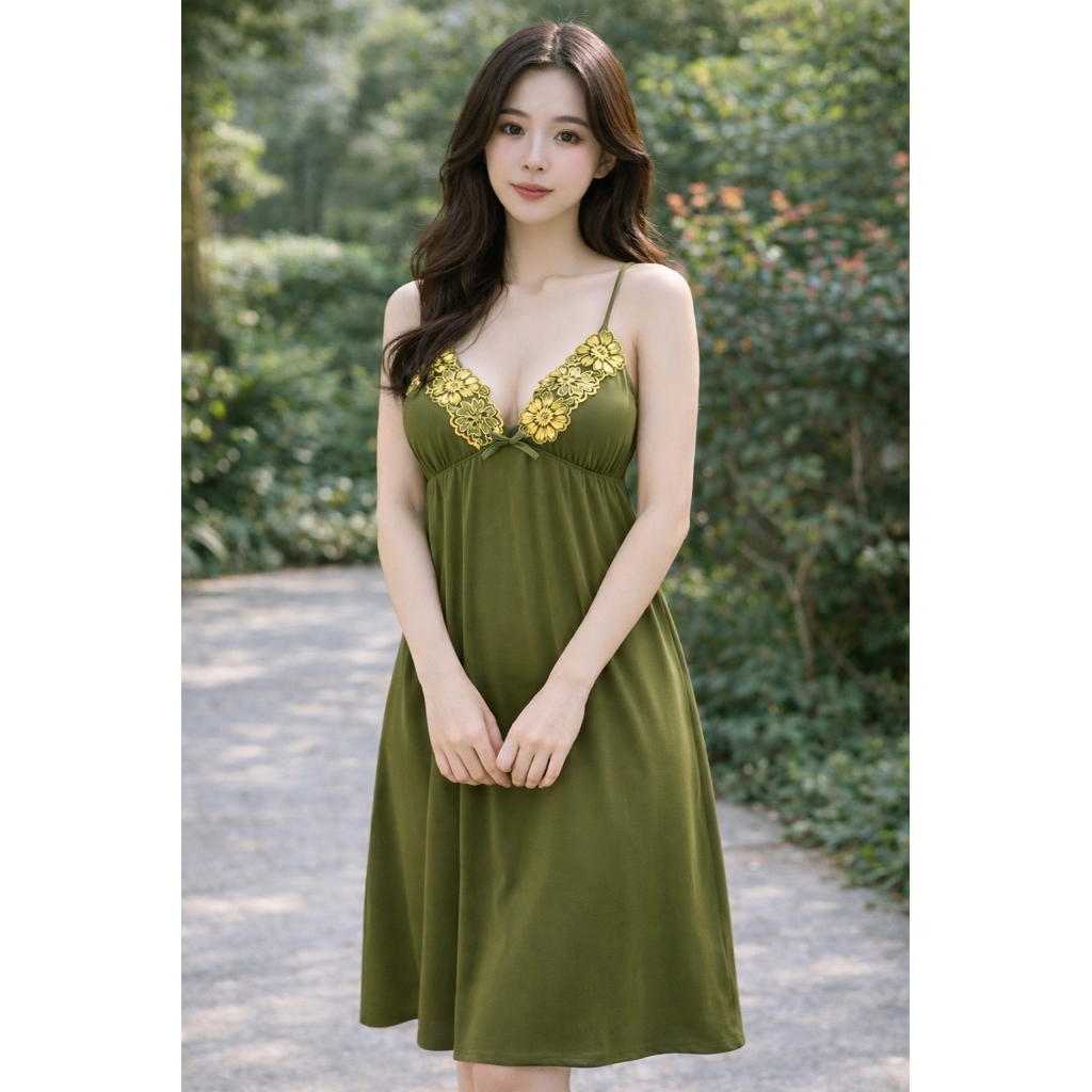 Đầm ngủ nữ, đầm thun lạnh 2 dây phối ren