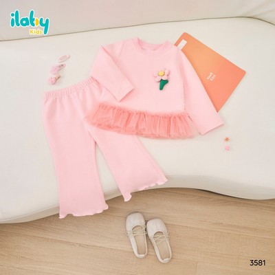 [ILABY 10-40kg] Bộ quần áo bé gái ILABY áo dài tay thiết kế hoa nổi phối voan và quần gấu loe [3851]