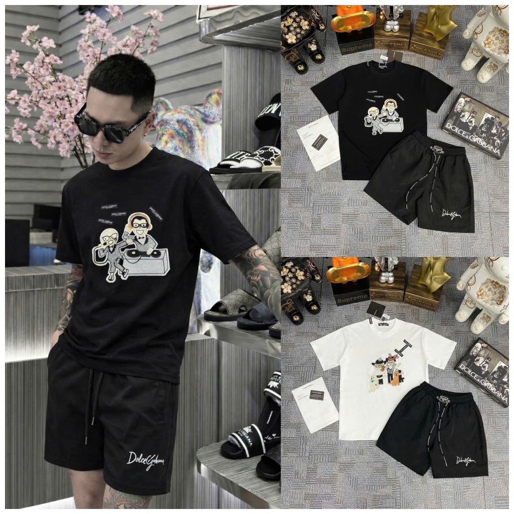 Bộ Quần Áo Nam Dolce & Gabbana DG Áo Thun In Hình Hoạt Hình DJ + Quần Short Thun Co Giãn Mặc Hè