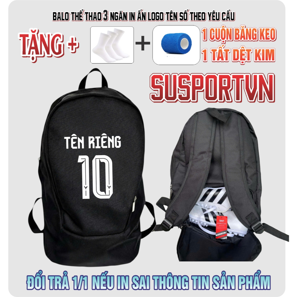 Balo thể thao 3 ngăn - có ngăn đựng giày sau đáy in ấn tên số theo yêu cầu