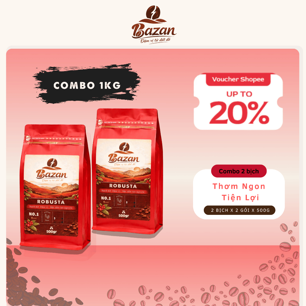 [Combo 1K] Cà Phê Nguyên Chất Robusta Rang Mộc - Cafe Nguyên Hạt Pha Phin Đậm Đà Truyền Thống - Baza