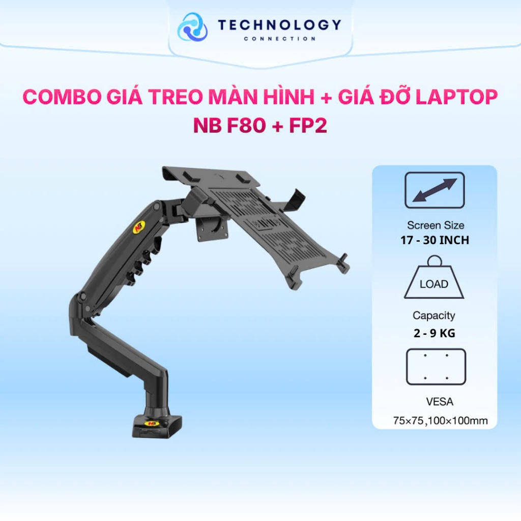 Combo giá treo màn hình và giá đỡ laptop NB F80 + FP2 - Giá đỡ laptop 10 - 17 inch ( Tải trọng 9kg )