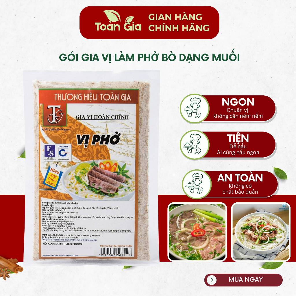Gia vị nấu phở bò Toàn Gia gói 100g dạng muối, gia vị nấu nước dùng phở bò thơm ngon, chuẩn vị quán