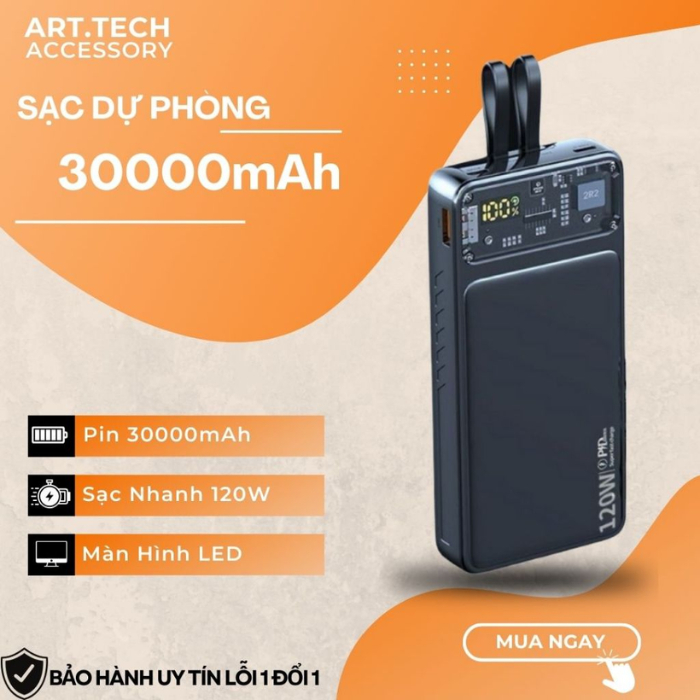 Sạc dự Phòng Led 30000mah - Sạc nhanh 120W - Tích Hợp 2 dây sạc LN và Type C Màn hình hiển thị % Pn