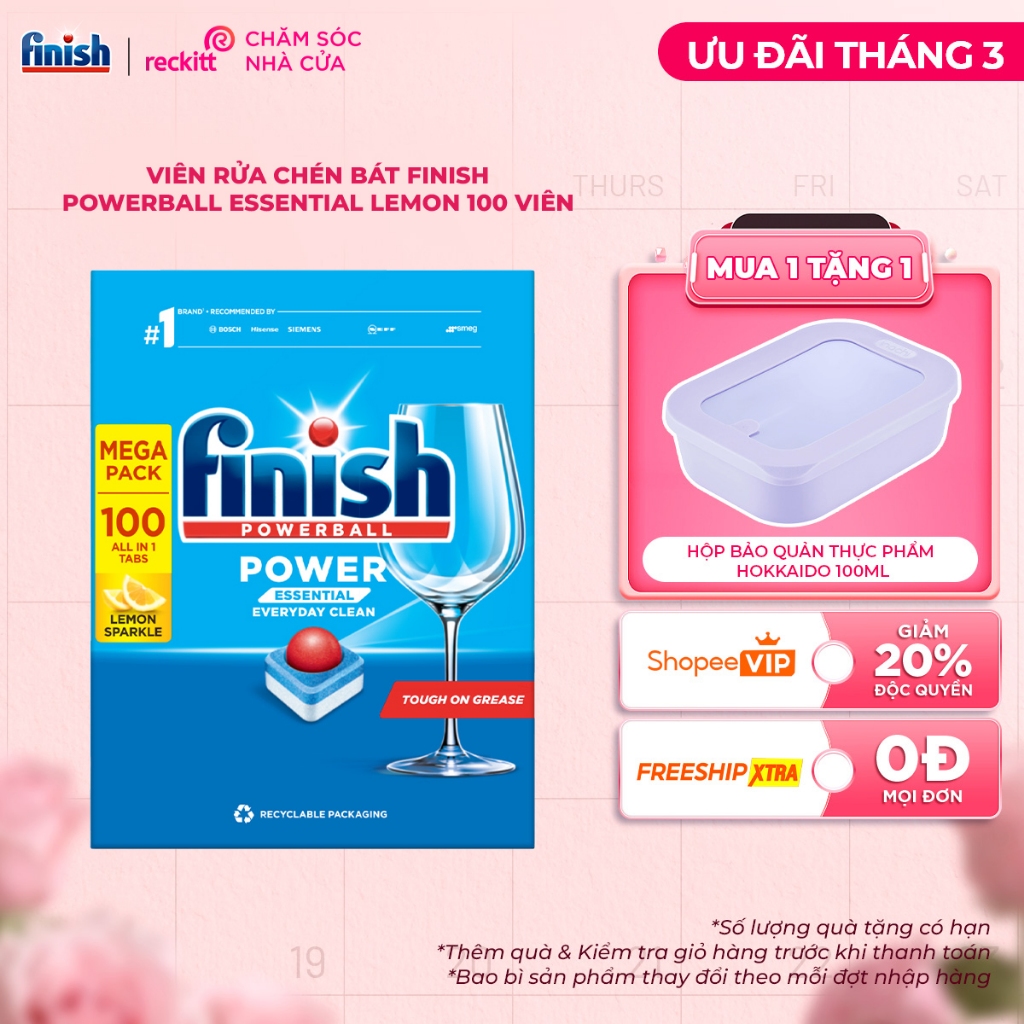 Viên Rửa Chén Bát Finish Khử Mùi Hương Chanh Powerball Essential Lemon 100 Viên
