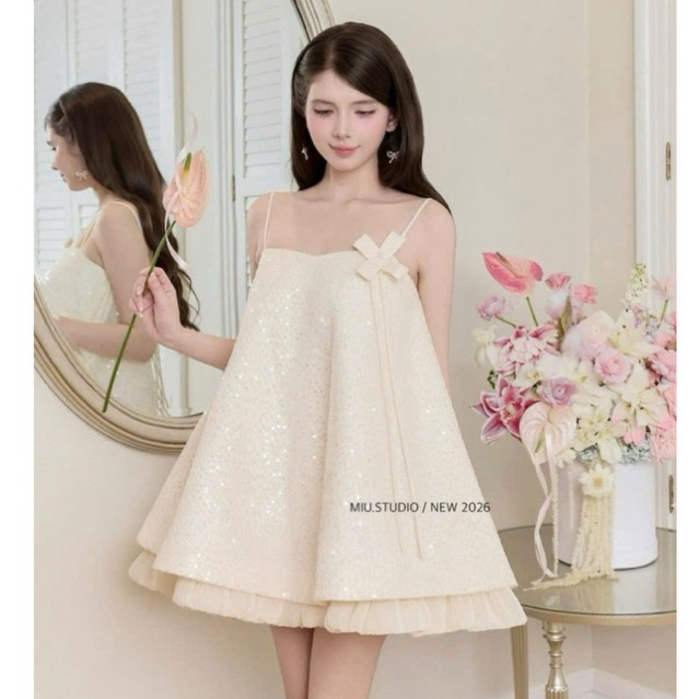 MIU.STUDIO • Đầm TK 2S ngắn xoè phối kim sa lấp lánh đính nơ tiểu thư sang chảnh, Váy 2S from rộng m