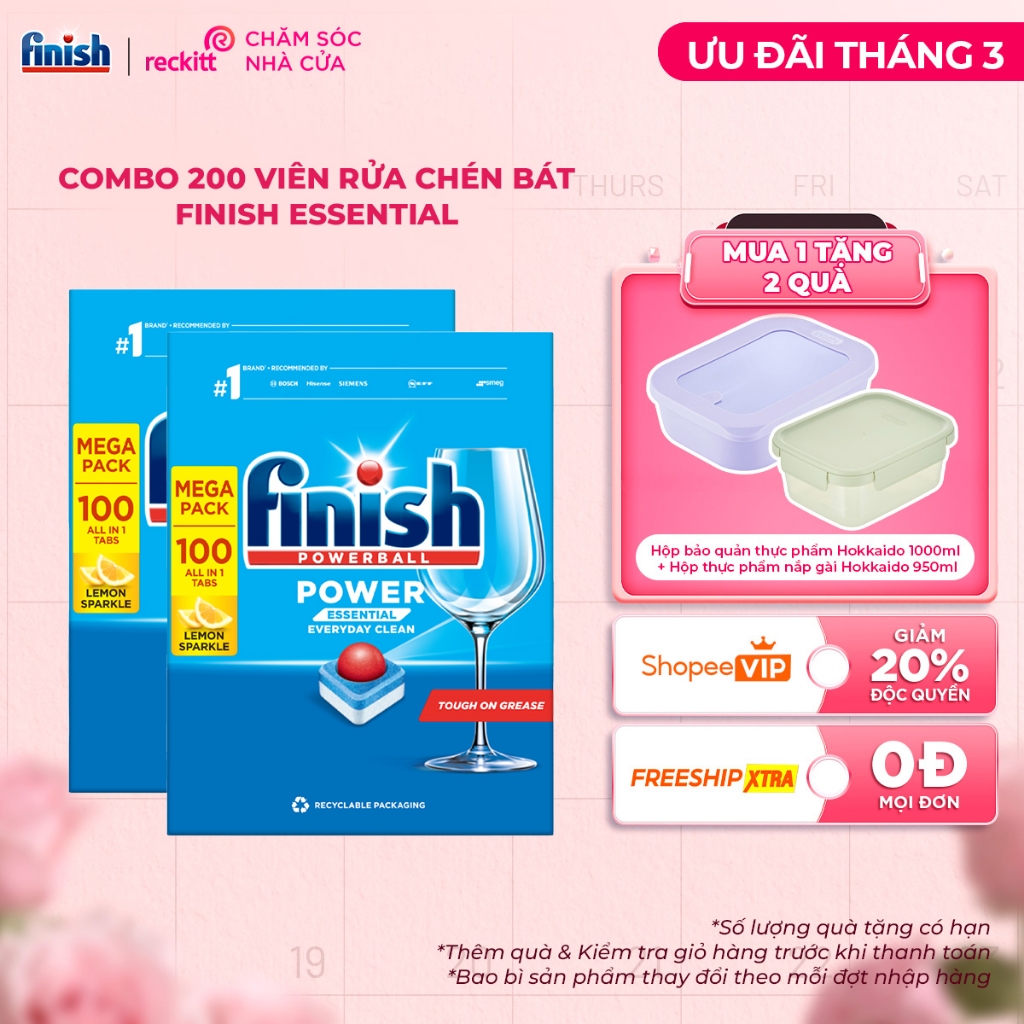 Combo 200 Viên Rửa Chén Bát Khử Mùi Hương Chanh Finish Powerball Essential Lemon