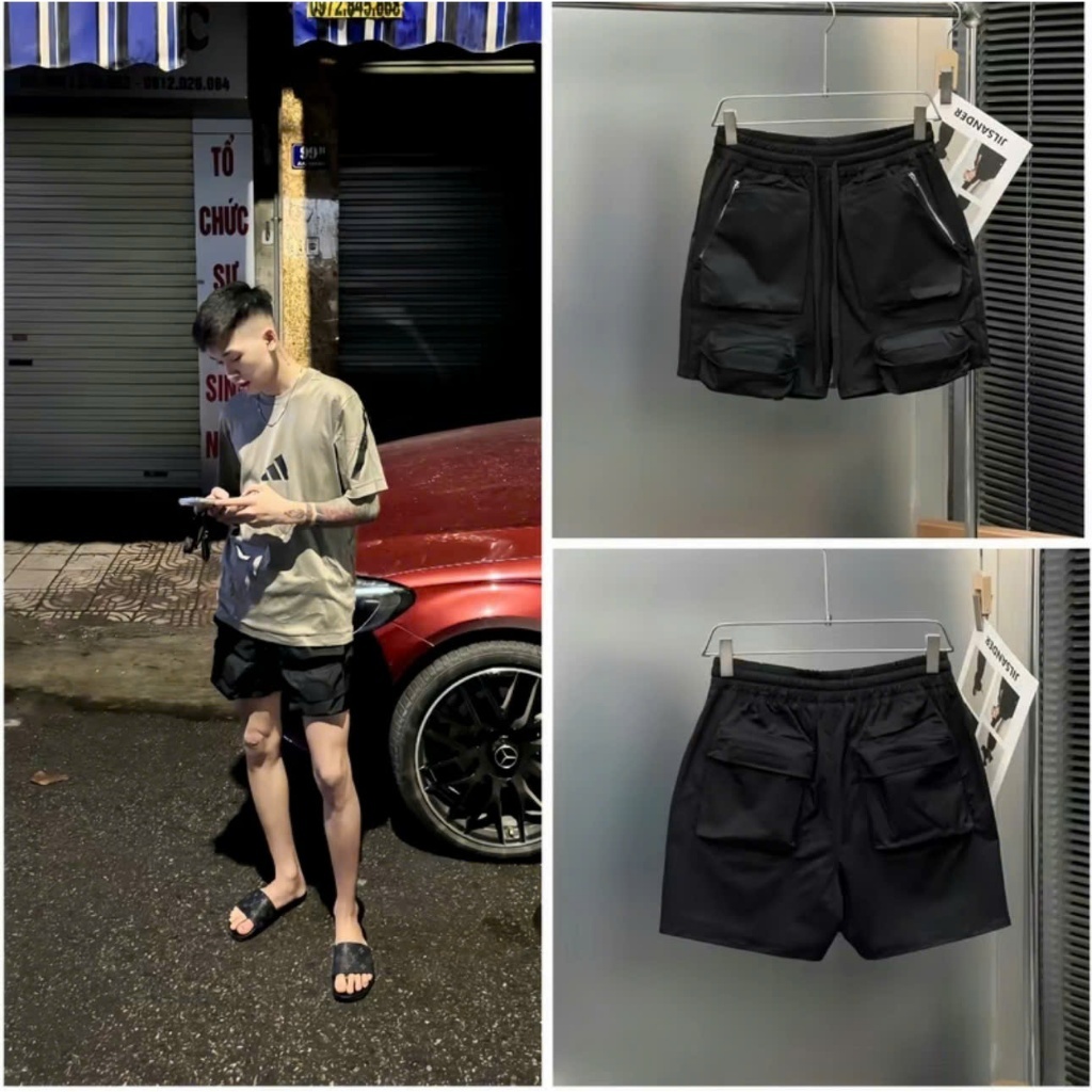 Quần Short Gió Nam Thêu Túi Hộp 2 Bên Khóa Zip Chéo 2 Bên Lót Lưới-Quần Cargo Đùi Túi Hộp Boy Phố