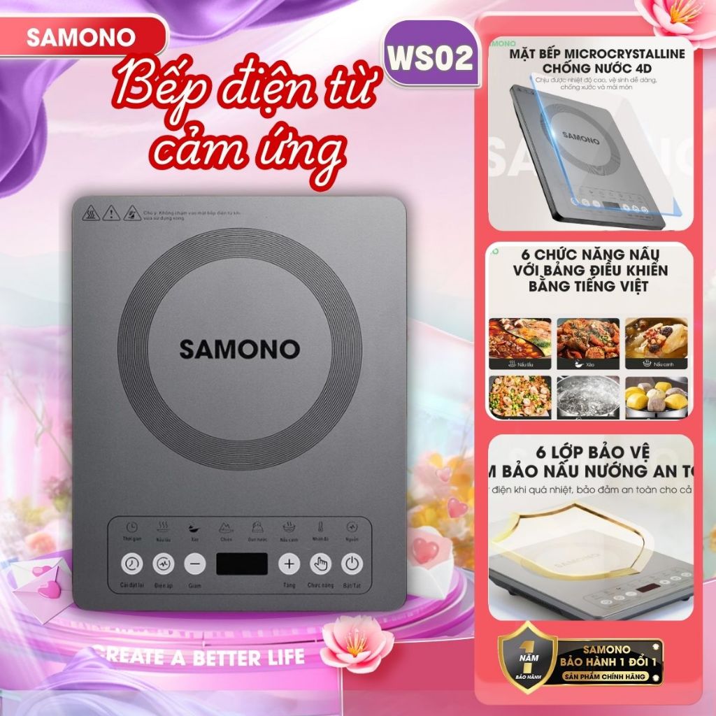 (BH 1 năm) Bếp Điện Từ Cảm Ứng Samono WS-02 Công Suất 2000W Có Chức Năng Hẹn Giờ, 6 chức năng nấu Tiết Kiệm Điện