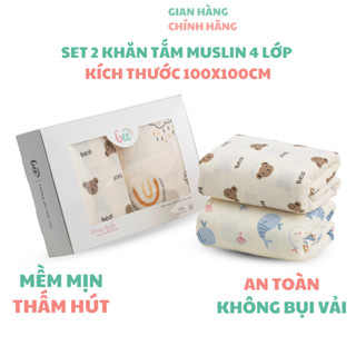 Khăn tắm muslin 4 lớp Gee Cho Bé – set 2 khăn kích thước 100x100cm, 100% Cotton Organic, mềm mại, thấm hút, an toàn