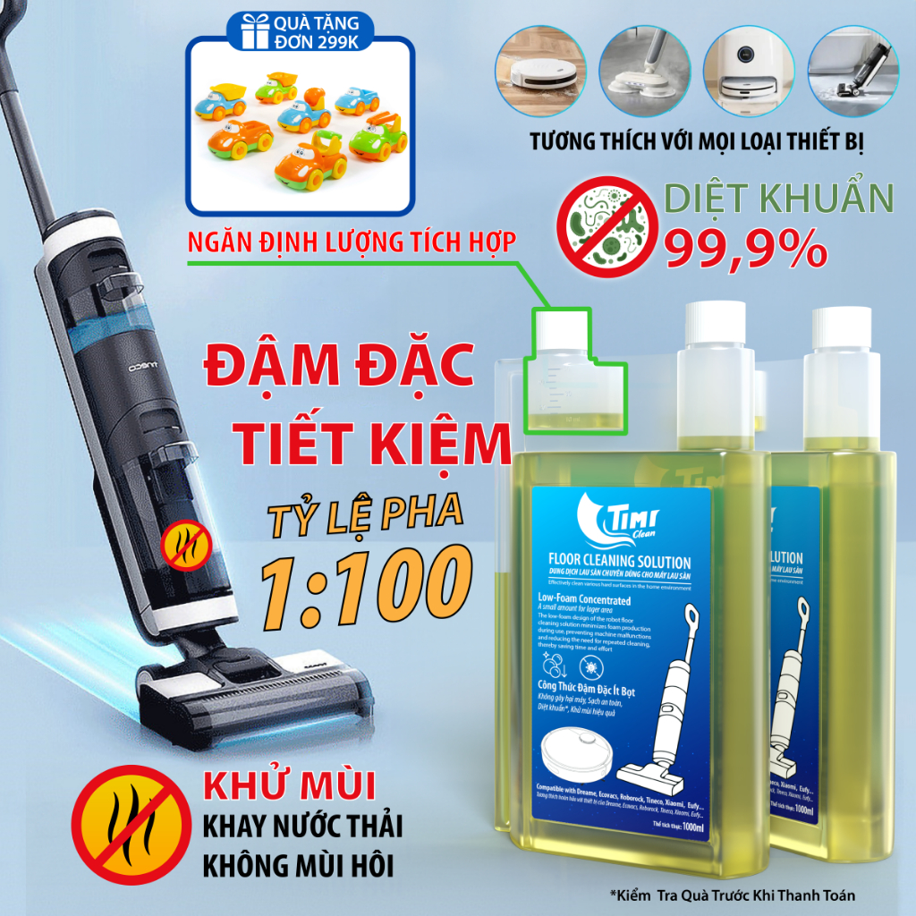 Combo 2 Chai - Nước Lau Sàn Chuyên Dụng Cho Máy Lau Sàn - Đậm Đặc, Khử Mùi, Diệt Khuẩn 99,9% - Timi Clean - Chai 1L