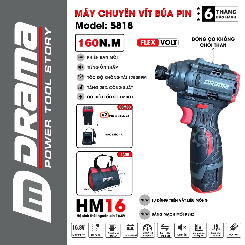Máy chuyên vít búa pin DRAMA 5818, Lực siết 160Nm, Không Chổi Than, 3 cấp chỉnh lực, 2pin 16V