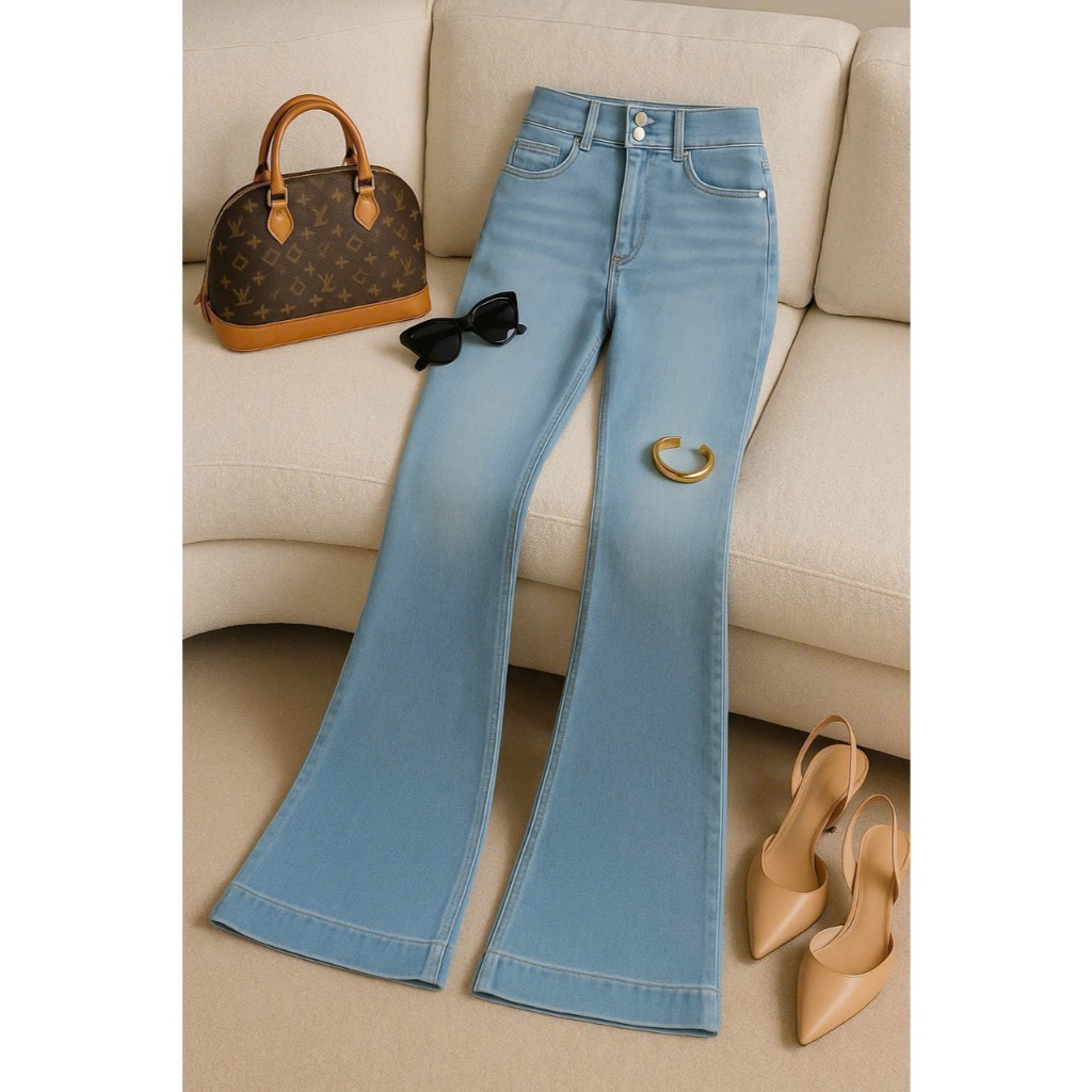 Quần Jean nữ ống loe cạp cao vải co giãn [M75]