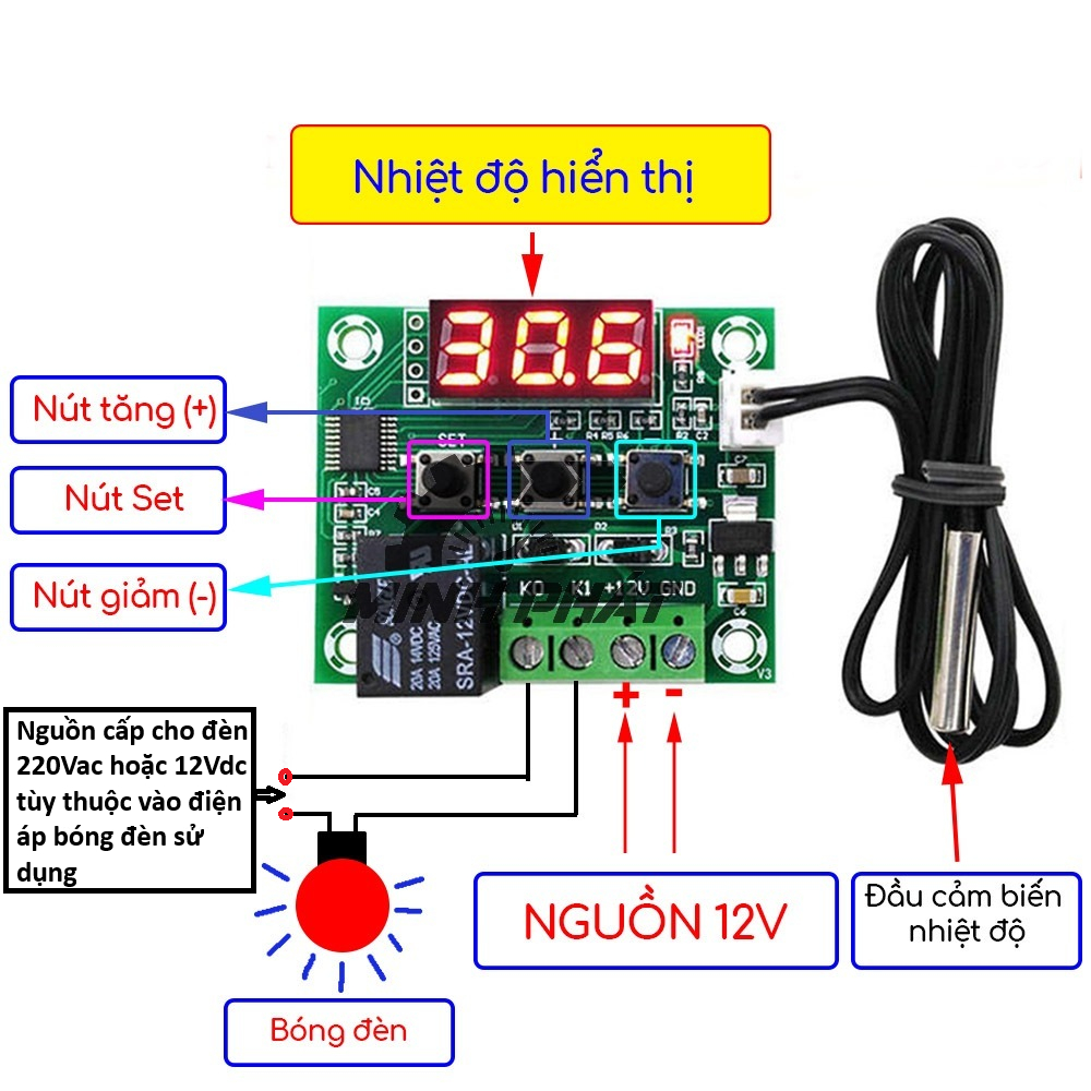 Mạch Cảm Biến Kiểm Soát Nhiệt Độ Ấp Trứng W1209 Relay 12VDC XH-W1209