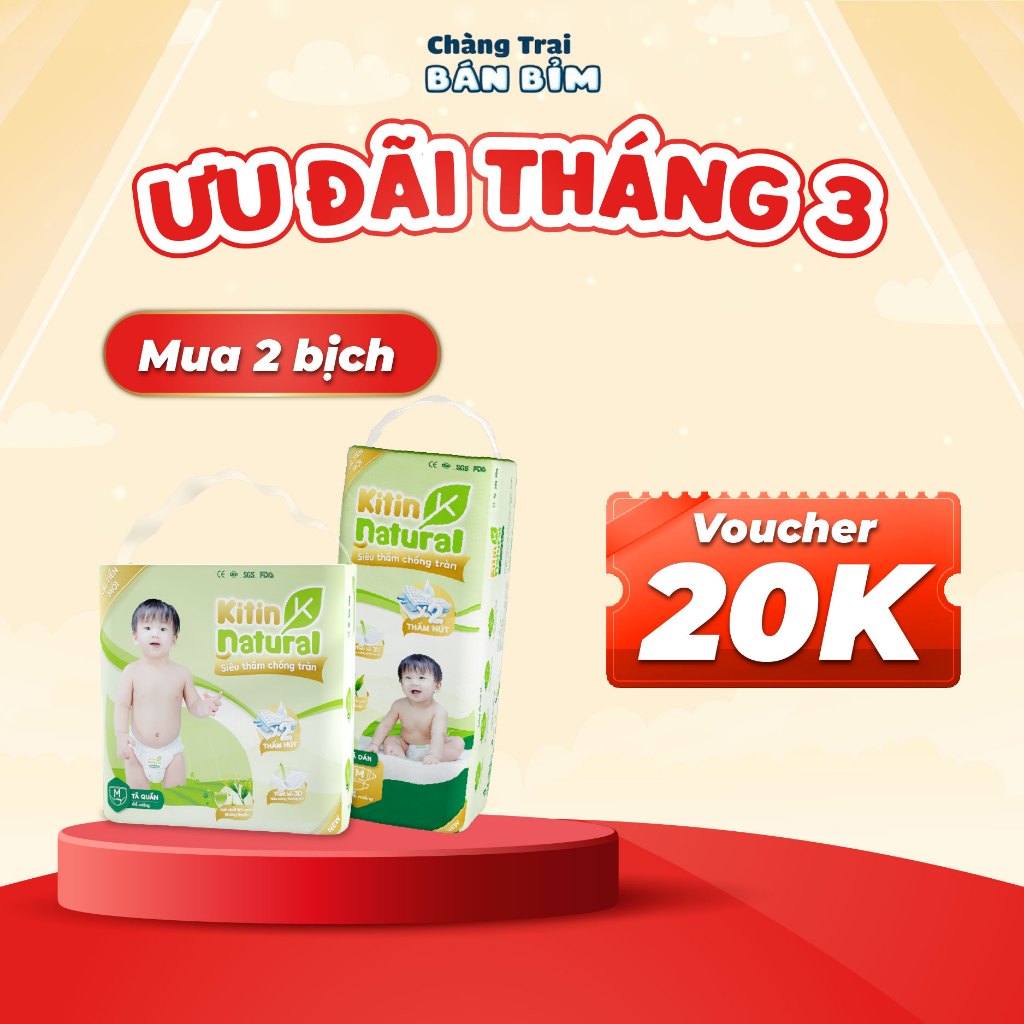 [VOUCHER 20K] 2 BỊCH Tã Bỉm KITIN NATURAL - Bỉm hè Mỏng thoáng, thấm hút 1200ml size NB/S/M/L/XL/2XL/3XL/4XL