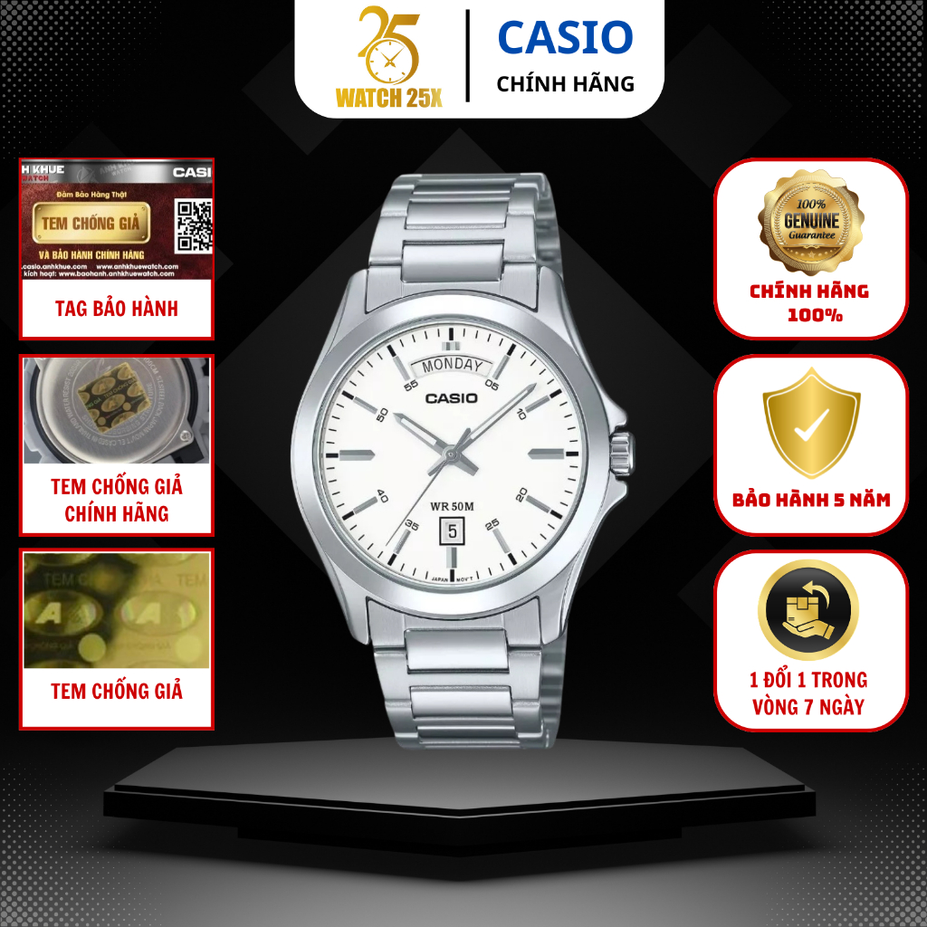 Đồng Hồ Nam Casio 39.5mm Watch25x MTP-1370D-7A3VDF Lịch Thứ Ngày Dây Thép
