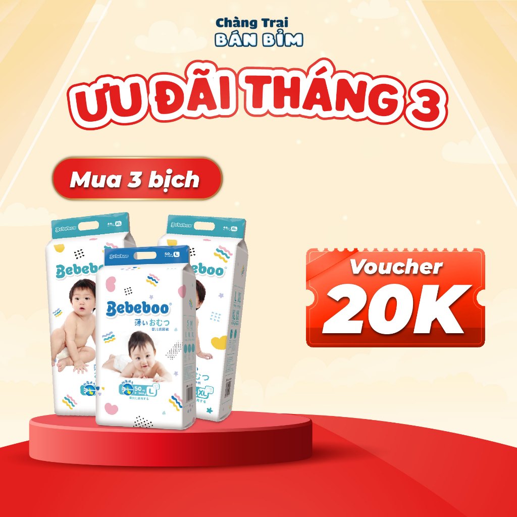 [ Combo 3 Bịch  ] Tã Bỉm BEBEBOO Nhật Bản size NB80/S70/M60/L50/XL46/XXL42/XXXL40, mỏng 1.9mmm, thấm