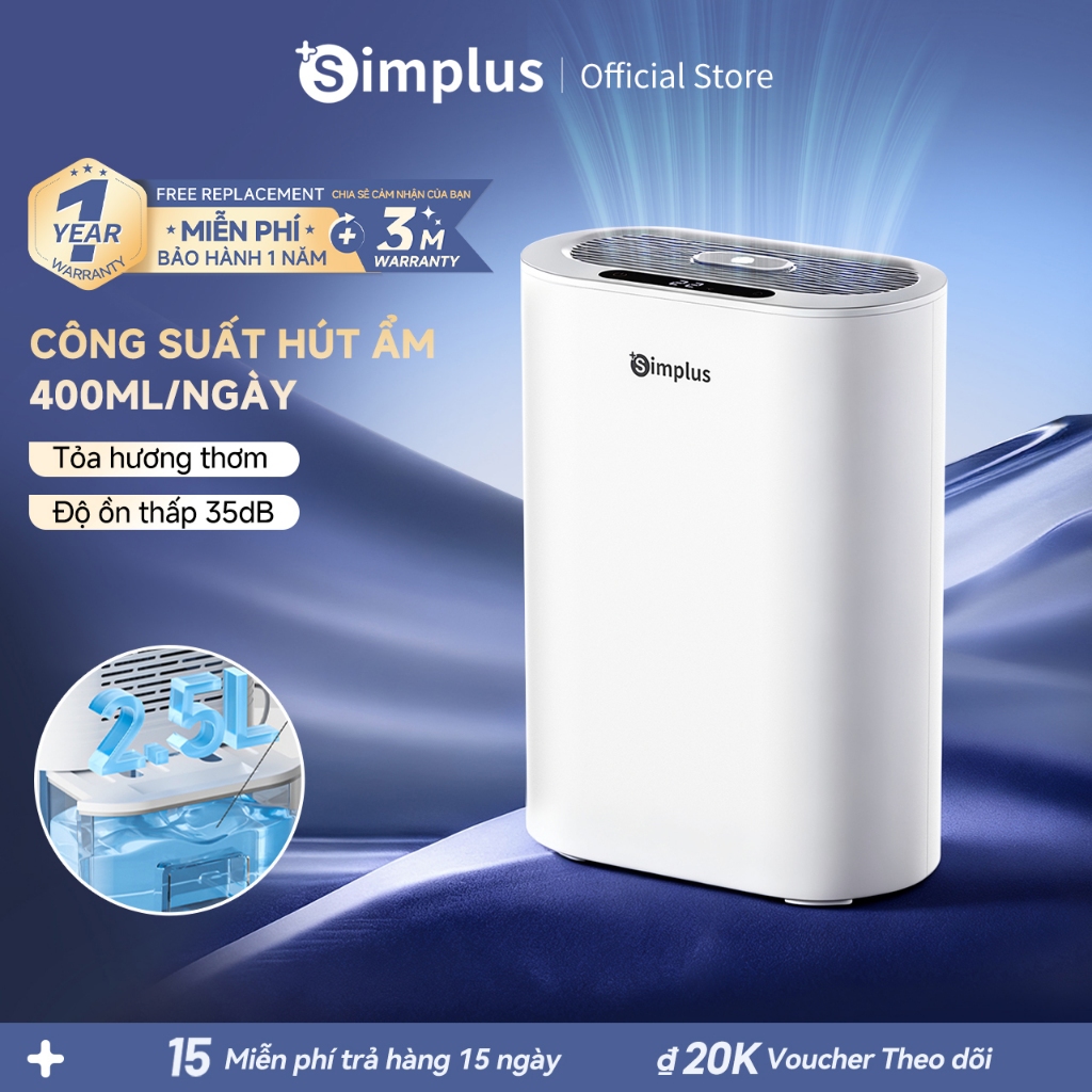 Simplus Máy hút ẩm, Bình chứa lớn 2.5L, Độ ồn thấp 40dB, Hiệu suất năng lượng cực cao CUSH007