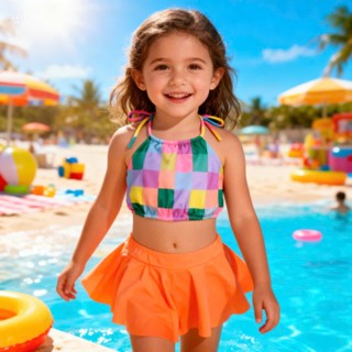 Sét Bikini Cho Bé Gái Đồ Bơi Hai Mảnh Trẻ Em Áo Tắm Cổ Yếm Quần Váy Họa Tiết Hoa Lá