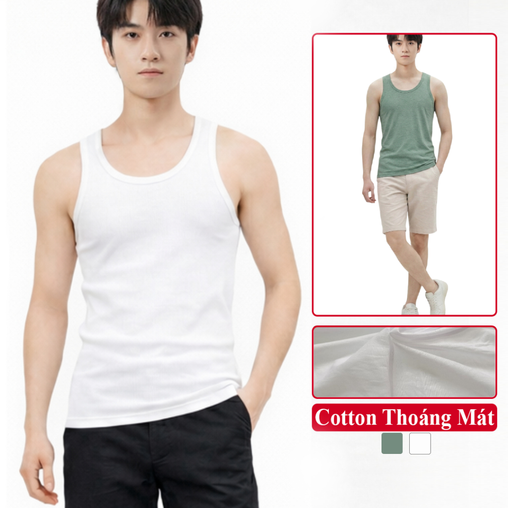 Áo Nam Ba Lỗ Vicenzo Vải Cotton Thoảng Mát. Áo Lót Nam 3 Lỗ Cotton Mặc Nhà Mặc Trong