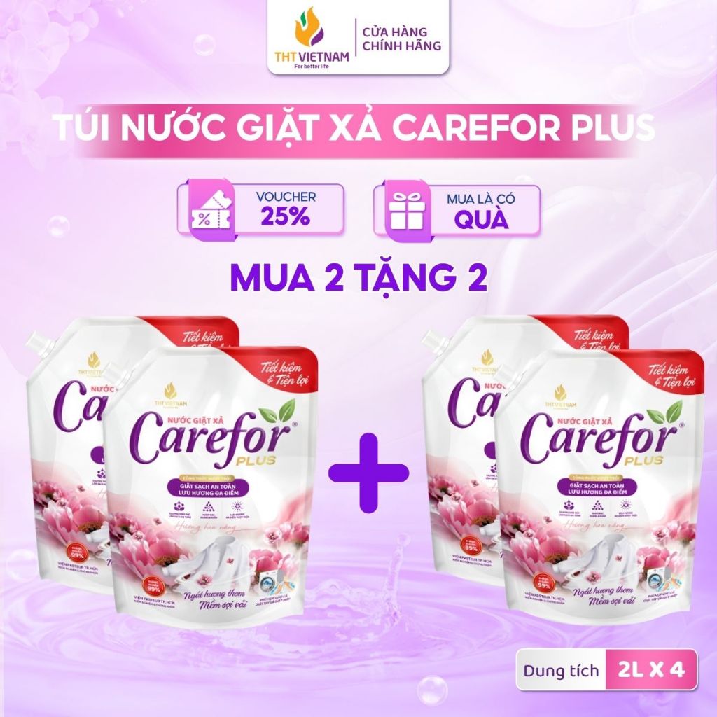 Combo 4 Nước Giặt Xả Quần Áo Carefor Plus X2 Siêu Đậm Đặc Hương Hoa Nắng Thơm Lâu Tổng nhận 8L