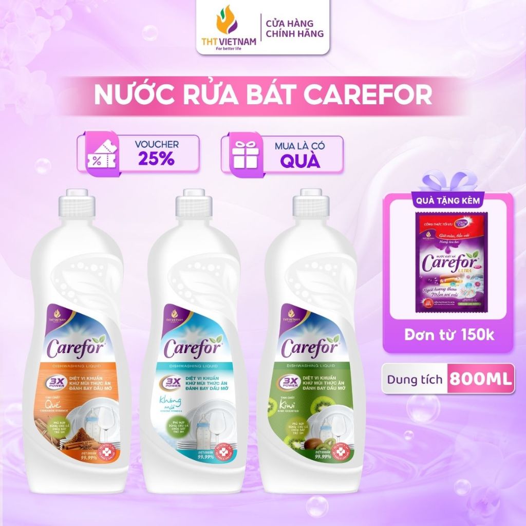 Nước Rửa Chén Bát Carefor 800ml Đậm Đặc Đánh Bay Mọi Vết Bẩn Không Mùi, Tinh Chất Quế, Kiwi