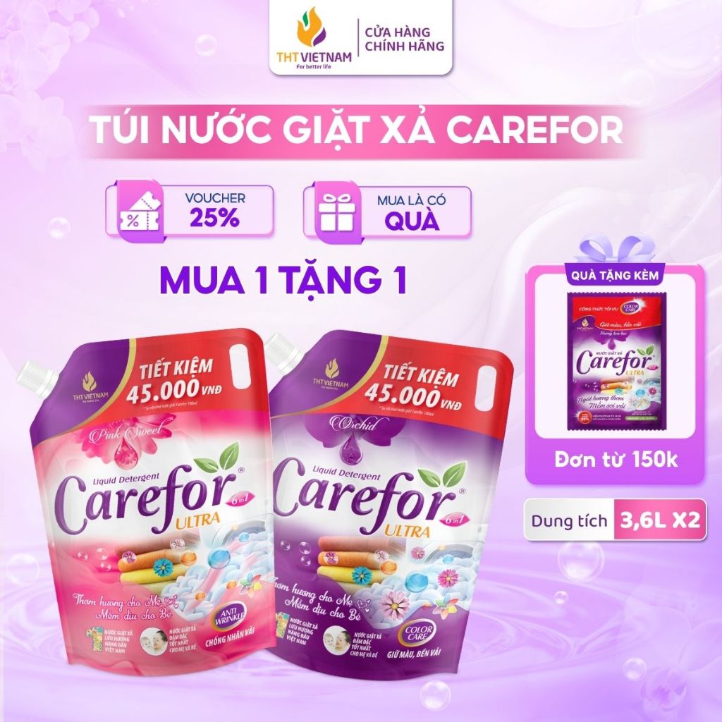 Combo 2 Nước Giặt Xả Carefor Ultra 3,6 Lít Thơm Lâu Bền màu Mềm Sợi Vải Hương Hoa Lan Hoa Hồng